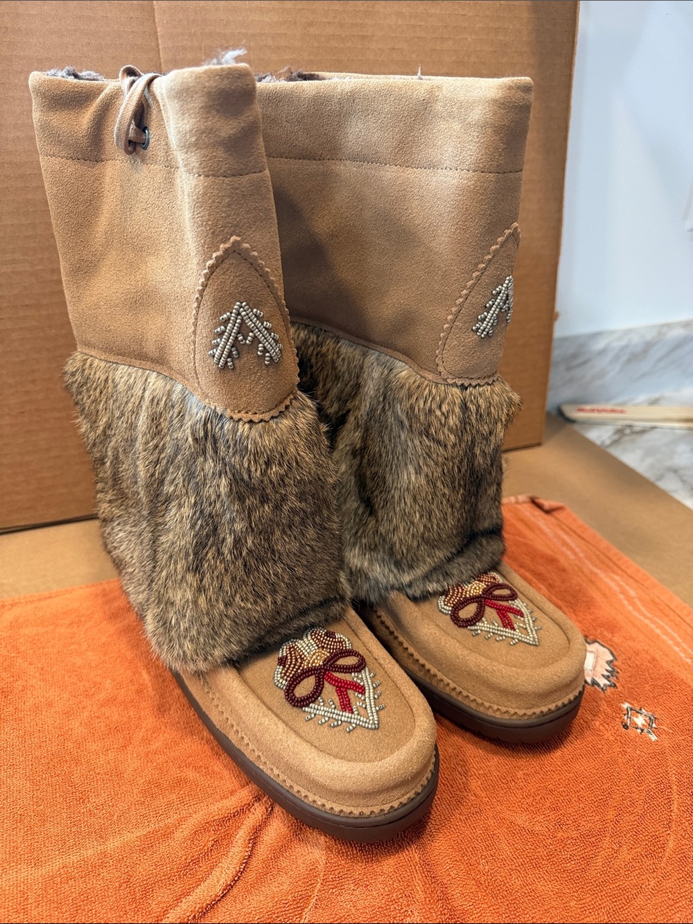 Tan Faux-Fur & Beaded Moccasin Boots - Women by Manitoba